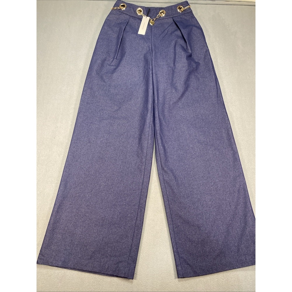 Commense Wide Leg Chain Belt Pants Women's Size Small Navy Blue Side Zip Jeans